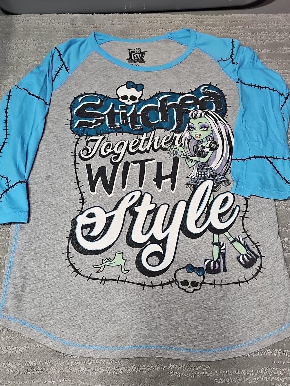 Monster High VTG Mattel 2012 Raglan Jersey T-shirt XL (14-16) Frankie Stein Y2K